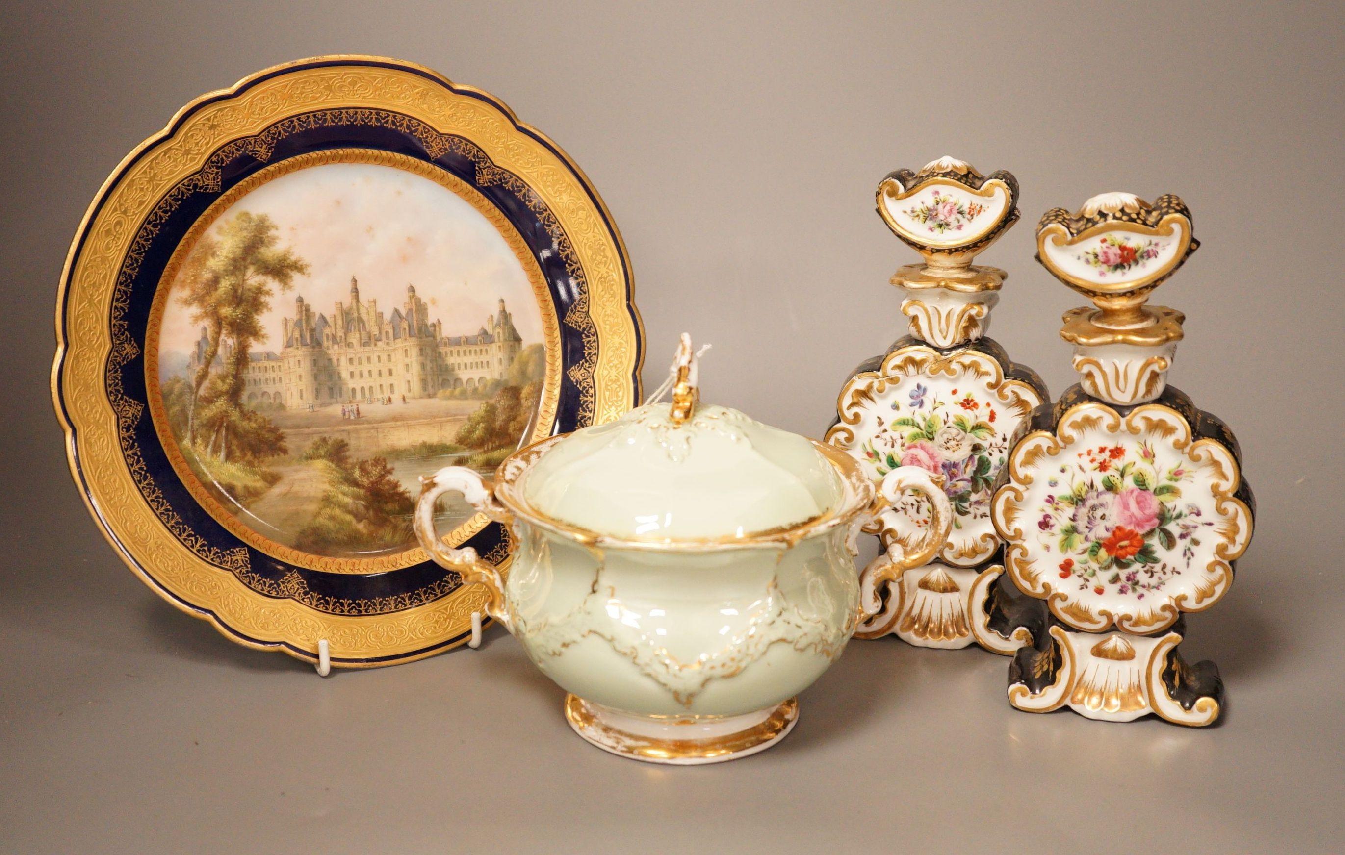 A 19th century Meissen sucrier, a Sevres style Chateau de Chambord plate and a pair of Paris porcelain scent bottles